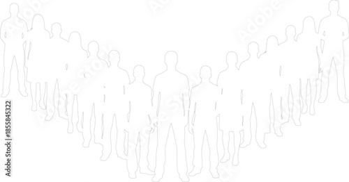Diverse group of people standing in V formation outline drawing Teamwork crowd silhouette vector graphic