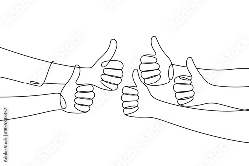 Multiple hands give a thumbs up in a continuous line drawing, signifying agreement and approval.