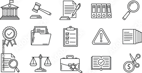 Law and justice line icons set, court, gavel, compliance, legal document, scales, audit, lawyer, and administration vector illustration