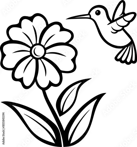 SVG vector illustration of a hummingbird and flowers.Hummingbird Feeding on Wildflower in Black and White