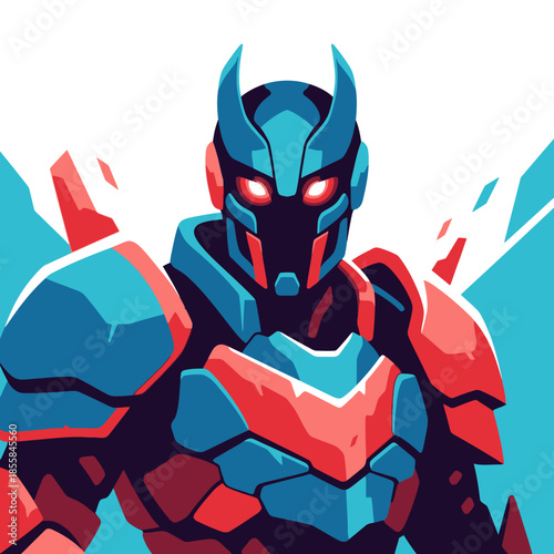 Sci-fi character in futuristic armor with glowing red eyes and blue and red accents, digital art