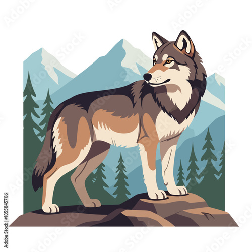 Majestic wolf stands tall on a rocky outcrop, surveying its mountainous wilderness domain with alert eyes, surrounded by pine trees and snow-capped peaks