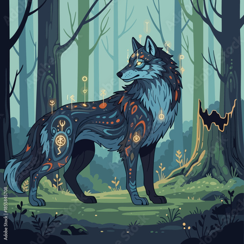 Enigmatic Wolf Amidst Mystical Forest with Ancient Runes and Enchanted Glow