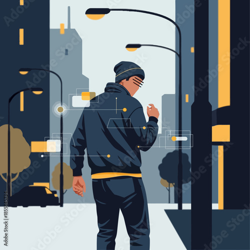 Man in futuristic city using augmented reality glasses, urban exploration, technology and modern life