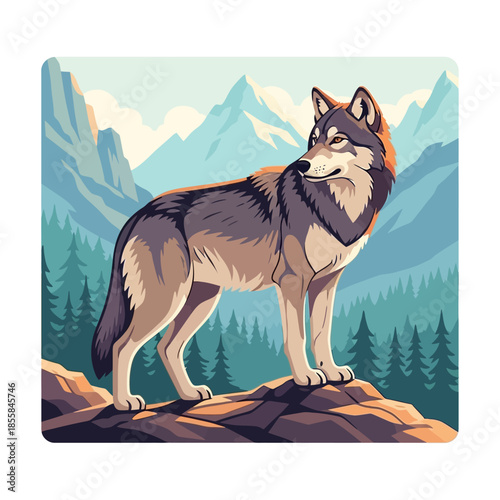 Majestic wolf standing proudly on a rocky outcrop overlooking a serene mountain landscape with pine trees