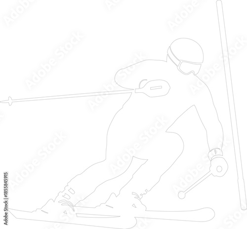 Vector Outline Drawing of Downhill Alpine Skier Racing in Aggressive Slalom Position Monochromatic Winter Sport Line Art