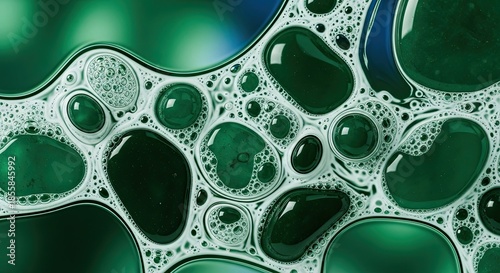 Macro shot of green liquid with bubbles creates an abstract pattern reminiscent of cells and