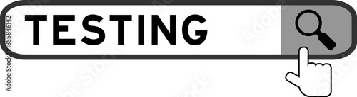 Search banner in word testing with hand over magnifier icon on white background