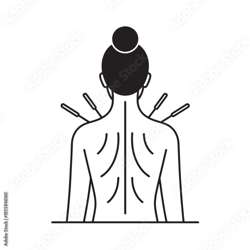 A minimalist line drawing of a woman with her hair in a bun, focusing on neck and back muscles with inserted acupuncture needles, conveying a sense of health and wellness on a white