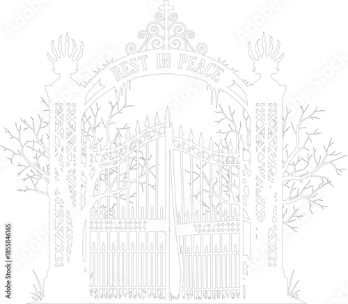 Gothic Cemetery Gate Rest in Peace Vector Outline Stencil Design with Spooky Trees and Ironwork