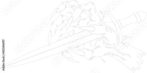 Dark Hand with Claws Grasping Dagger Outline Vector Graphic Scary Fantasy Tattoo Stencil