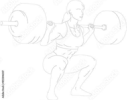 Strong Woman Barbell Squat Line Art Illustration Fitness Workout Outline Vector