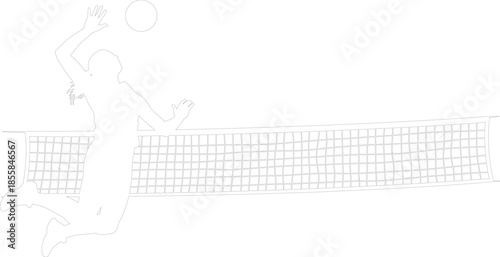 Dynamic Volleyball Player Spiking Over Net Outline Illustration Minimalist Vector Sports Graphic