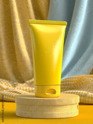 Yellow plastic cream tube on stone. Skincare beauty product. Natural cosmetics. Tropical composition. 