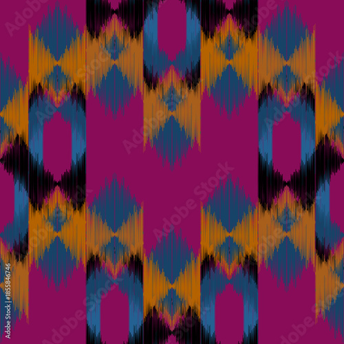 Ethnic ikat yellow on pink dye yarns weaving seamless pattern. Vector hand drawn craftsmanship embroidery bohemian, abstract square geographic art fabric ikat textile material design for clothing 