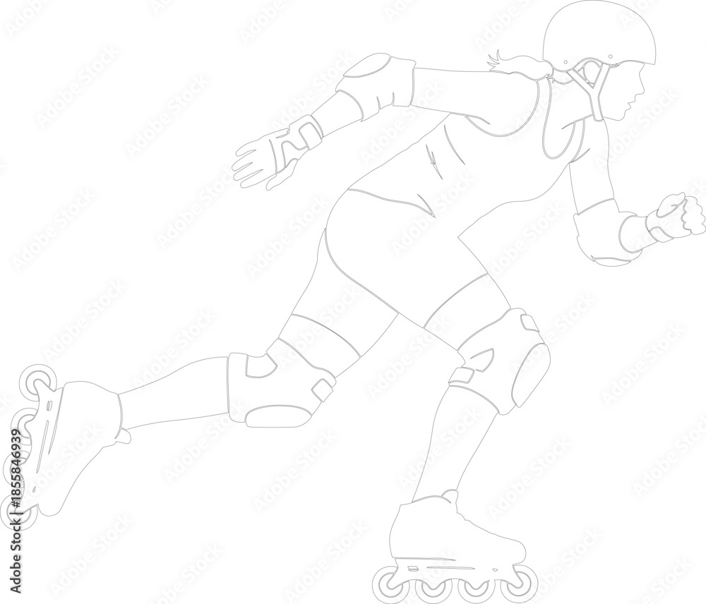 Fototapeta premium Roller Derby Athlete Inline Skating Line Art Vector Profile View Woman Rollerblader Outline Drawing