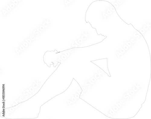 Outline vector illustration of a sad lonely person sitting hunched over in depression and contemplation minimalist line art