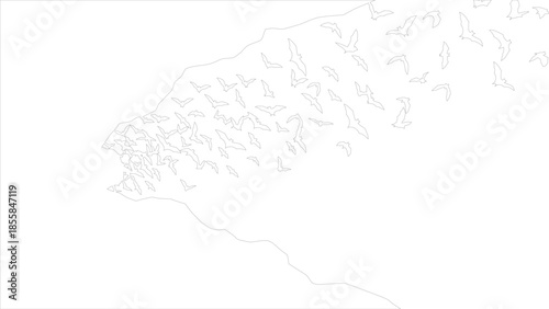 Vector Outline of a Swarm of Bats Flying Out of a Cave Entrance Minimalistic Halloween or Gothic Design Element