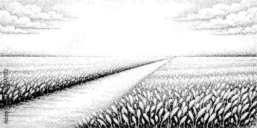 A frozen winter landscape featuring black and white lines of snow-covered trees and a frost-laden road under a dark sky in a cold woods scene