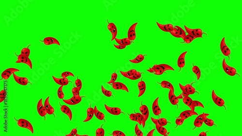 Scary red chillies fountain stream on green screen background
