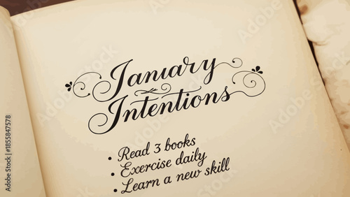 Vintage book page showcasing January Intentions with elegant typography and daily goals