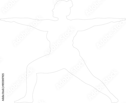 Plus size woman practicing Warrior II yoga pose vector outline Female figure in Virabhadrasana II stance, body positive fitness line art illustration