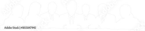 Minimalist Outline of Seven Business Professionals Seated at a Table Team Meeting Vector Illustration