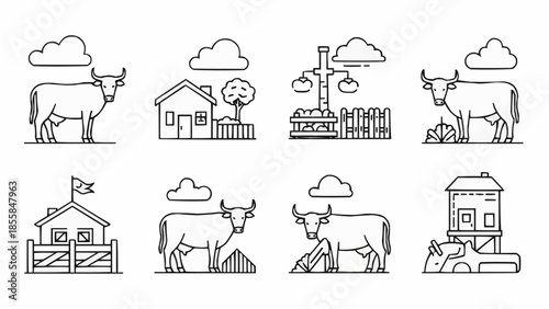 Farm animals and buildings line art icons set.