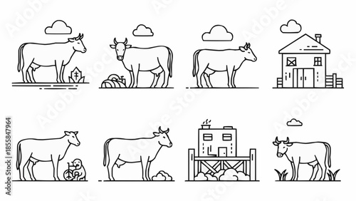 Farm animals and buildings line art collection.