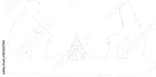 Couple Sitting Around Campfire Silhouette Outline Vector Drawing
