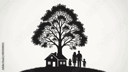 Family Home Under Large Tree Silhouette.