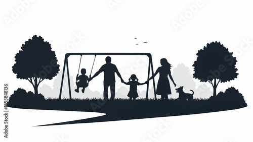Family Silhouette Playing Together on a Swing Set Outdoors.