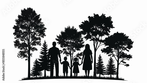 Family Silhouette Standing Together Among Trees.