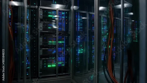 Passing through a modern data center server room with rows of computer racks, blinking blue, red and green LED lights on hardware, cloud computing and digital network storage concept, realistic style.