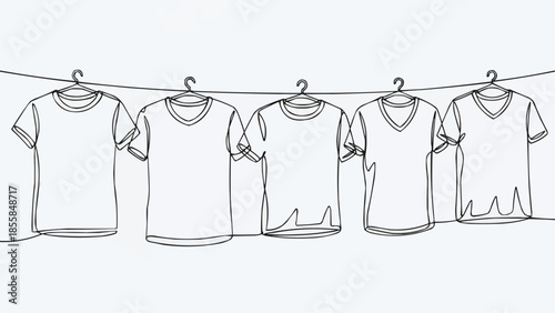 Five T-shirts hanging on a clothesline in a continuous line drawing style.