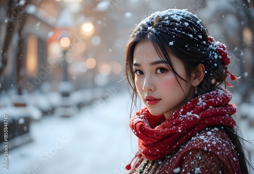 Winter Portrait of a Woman in Snowy Urban Environment