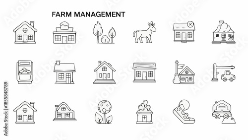 Farm management outline icons set for agriculture.