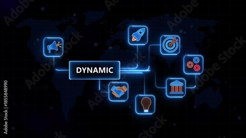 Dynamic Business Concepts Hub with Megaphone, Rocket, Target, Gears, Bank, Lightbulb, and Handshake on Dark Background