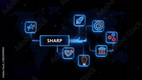 Sharp Business Strategy on Dark Background with Map neon blue