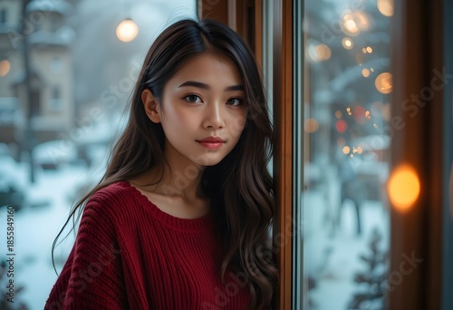 Young Woman in Cozy Sweater by Window on Snowy Winter Day