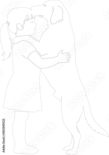 Minimalist outline vector of a girl hugging a large dog expressing friendship love and loyalty