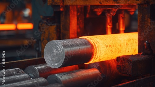Shot of aluminum billets being prepared and fed into a hydraulic extrusion machine highlighting the raw material to product transformation process.