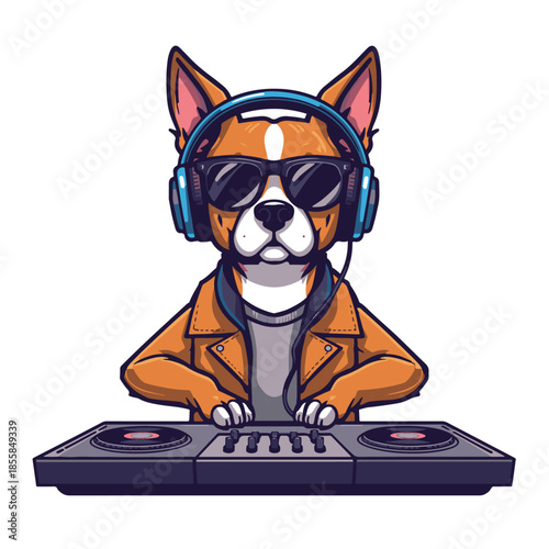 Energetic canine disc jockey rocking cool sunglasses and headphones, expertly spinning tracks and creating a fun, vibrant party atmosphere