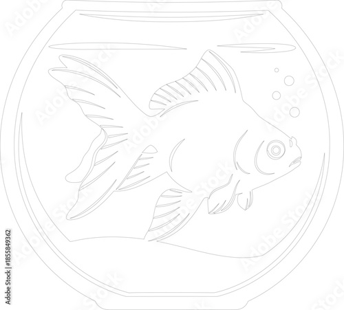 Goldfish in Fishbowl Line Art Vector Illustration Outline Drawing Coloring Page