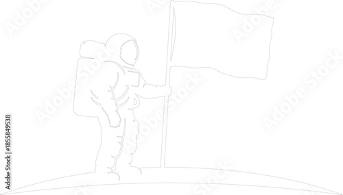Minimalist continuous line drawing of an astronaut planting a flag on a planet surface space exploration achievement outline vector illustration