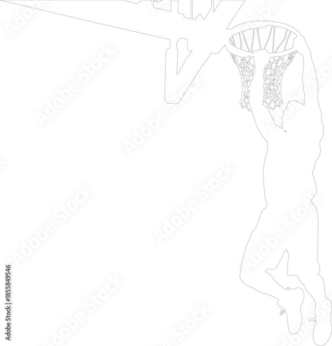 Basketball Player Slam Dunk Outline Vector Illustration Hanging on Hoop Rim
