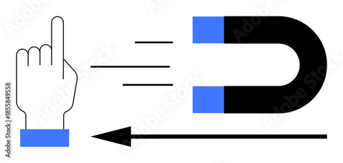 Engagement concept. Engagement ed by a magnet attracting with hand pointing gesture. Engagement digital interaction and audience attraction. For marketing, technology, UX design, interaction