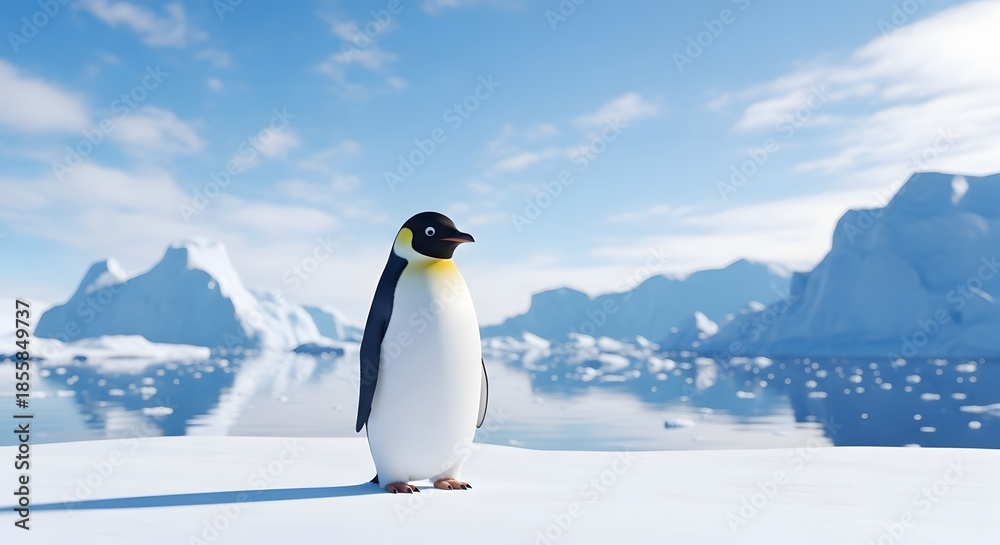 Obraz premium Penguin standing on ice with glaciers in the background under a blue sky