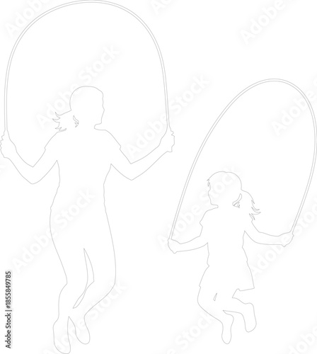Mother and daughter jumping rope outline silhouette vector illustration family fitness exercise graphic