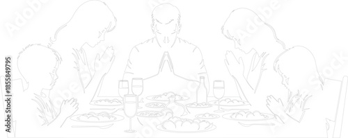 Family praying before dinner line art vector illustration of parents and children saying grace at the dining table